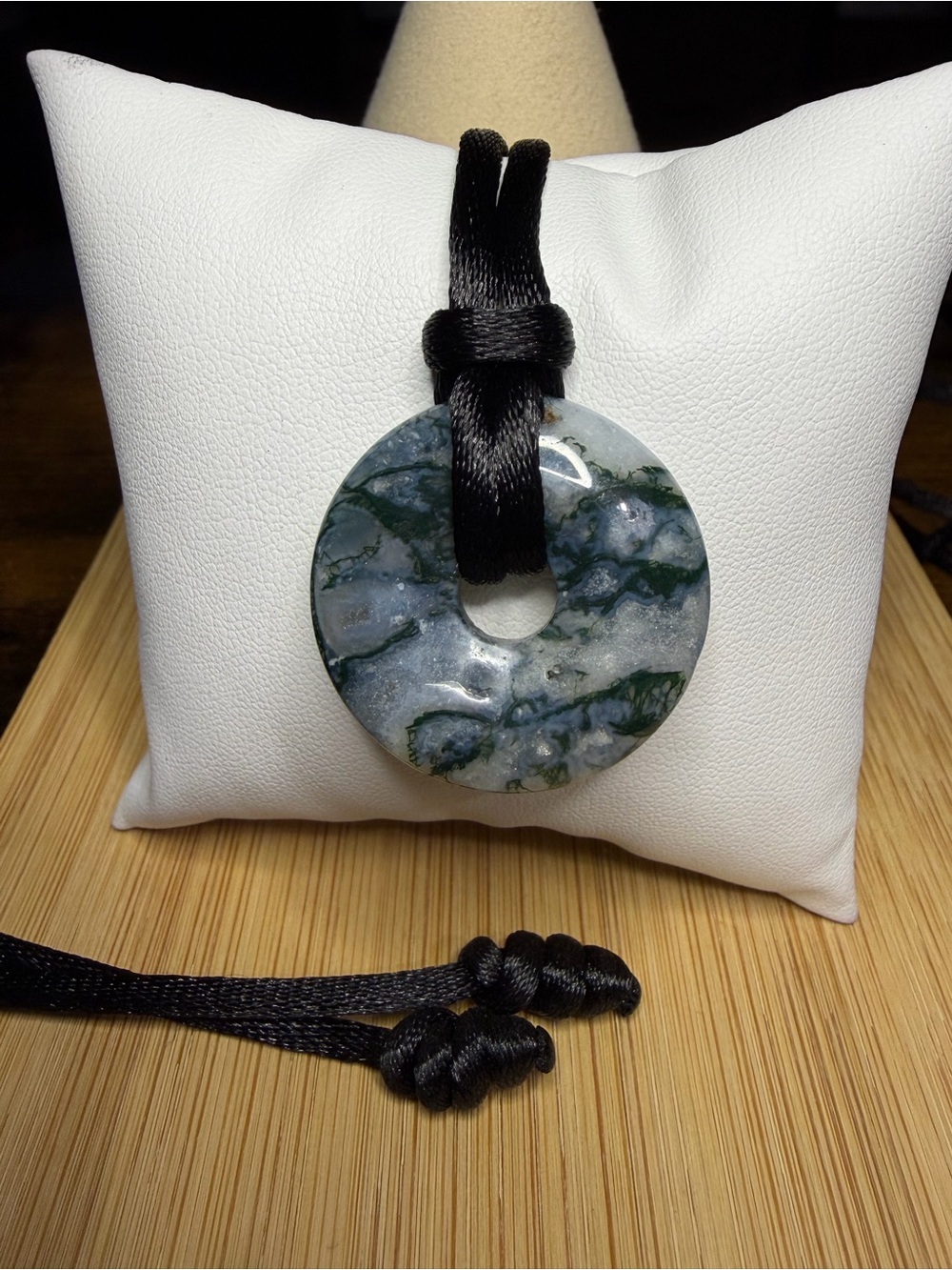Natural Moss Agate Donut Pendant 24” Adjustable Necklace